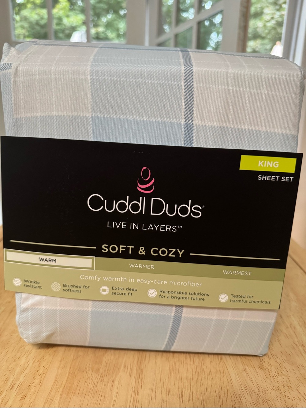 NWT Cuddl Duds King Microfiber Sheet Set Plaid Blue White Soft & Cozy New
